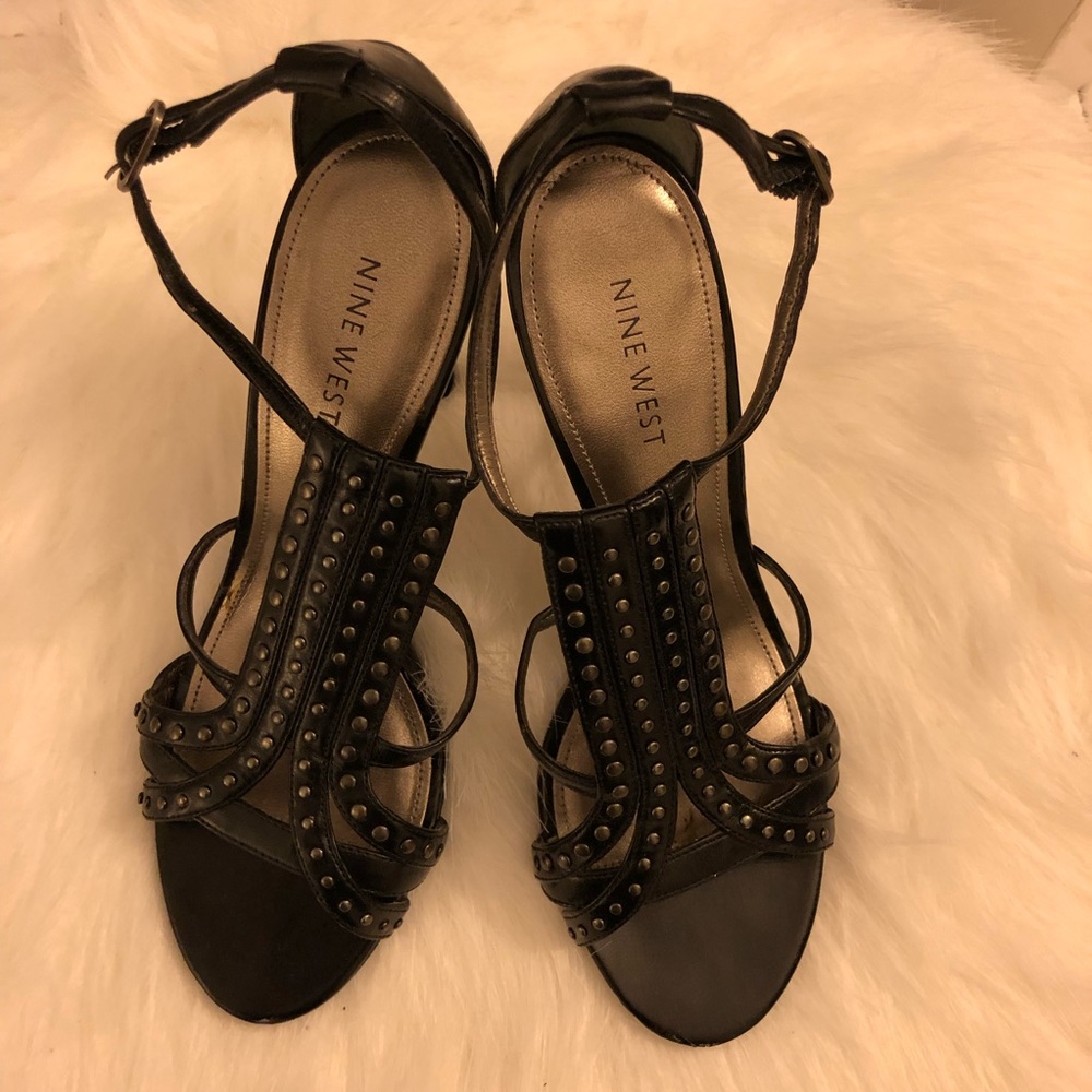 NINE WEST HIgh Heel Strappy Black Sandals Sz 6